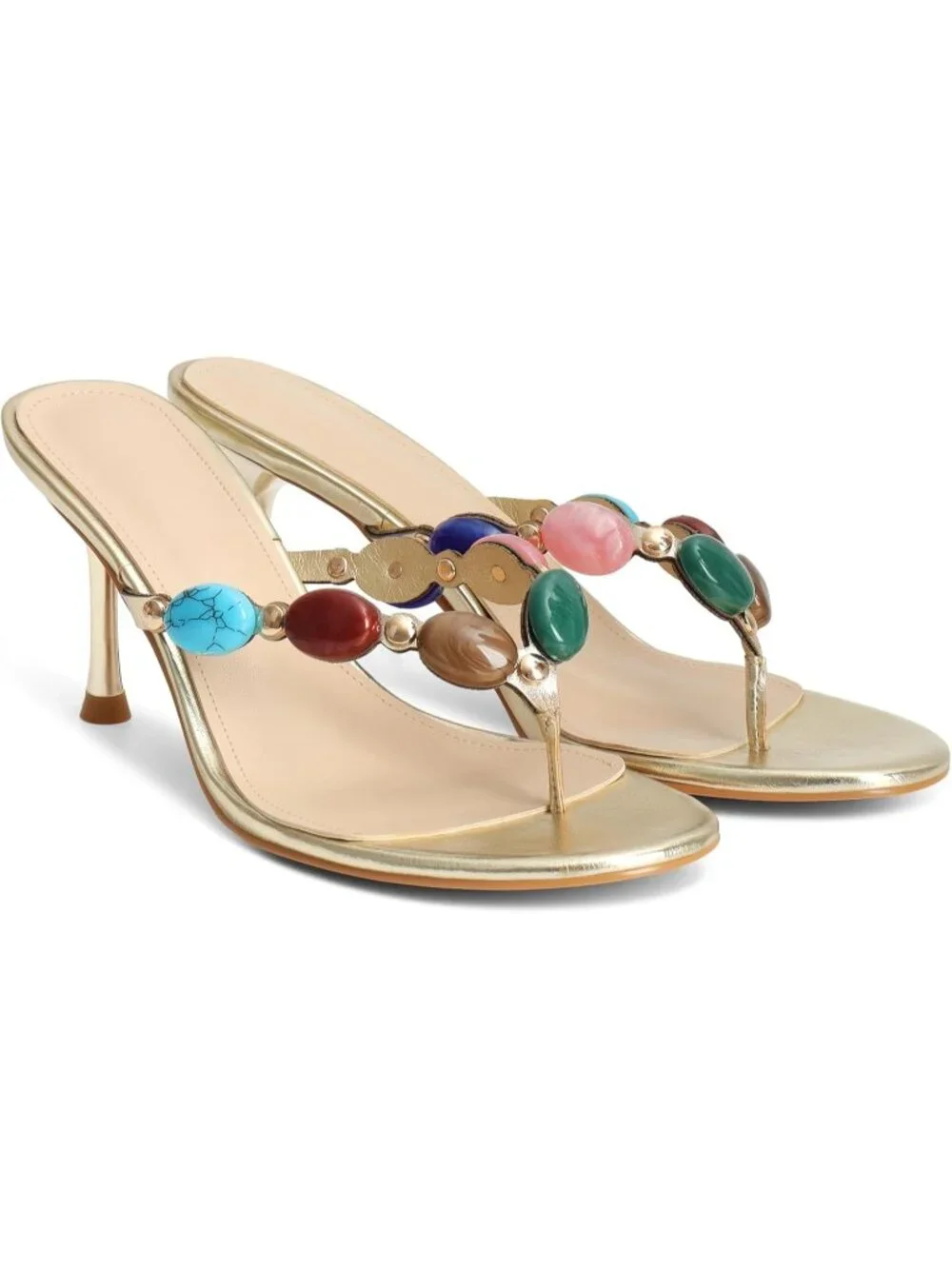 Women's Gold Open Toe Beaded Strappy High Heels Sandals Slip On Thong Heels